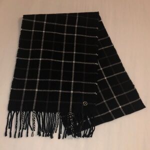 Calvin Klein Men’s Winter Scarf in Black Plaid with Tassels and Silver CK.